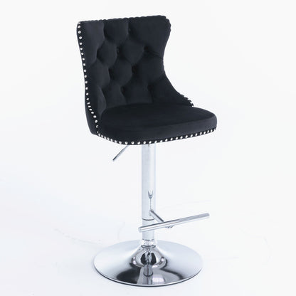 Taburetes giratorios de terciopelo con altura de asiento ajustable de 63 a 84 cm. Modernos taburetes de bar con base cromada y tapizados, cómodos y capitoné para el hogar, el pub y la isla de cocina (juego de 2).