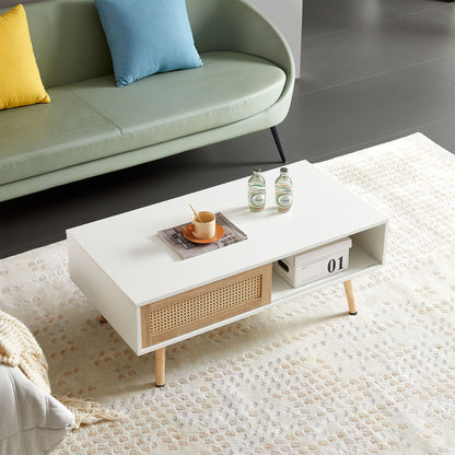 Mesa de centro de ratán de 105 cm, puerta corrediza para almacenaje, patas de madera maciza, mesa moderna para sala de estar.