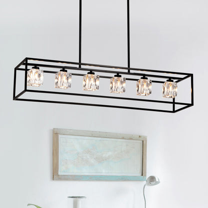 Lámpara colgante de estilo rústico de 6 luces, moderna lámpara colgante industrial lineal rectangular de cristal con forma de jaula para comedor, isla de cocina, bar, mesa larga, incluye 6 bombillas G9 - Negro mate