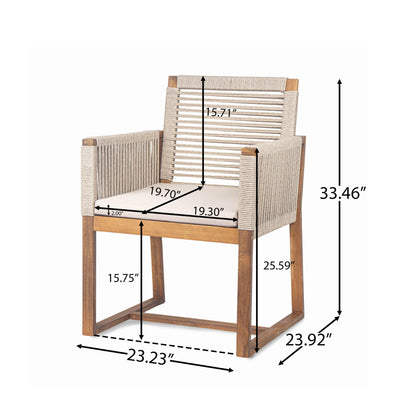 Acacia Wood Outdoor Dining Chairs (Set of 2) With Rope Design Back And Arms, Washable Cushion - Light Brown