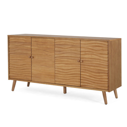 Mid Century Modern 4 Door Sideboard, Wavy Pattern Doors, Adjustable Shelves - Natural