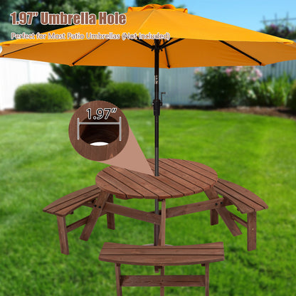 Mesa de picnic circular de madera para exteriores, para 6 personas, ideal para patio, jardín o terraza, con 3 bancos integrados, capacidad de 800 kg.