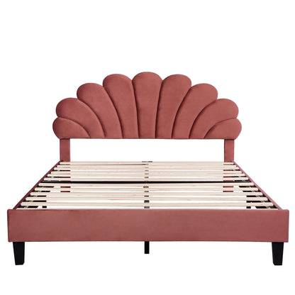 Cama de plataforma tapizada con cabecero de terciopelo con estampado floral