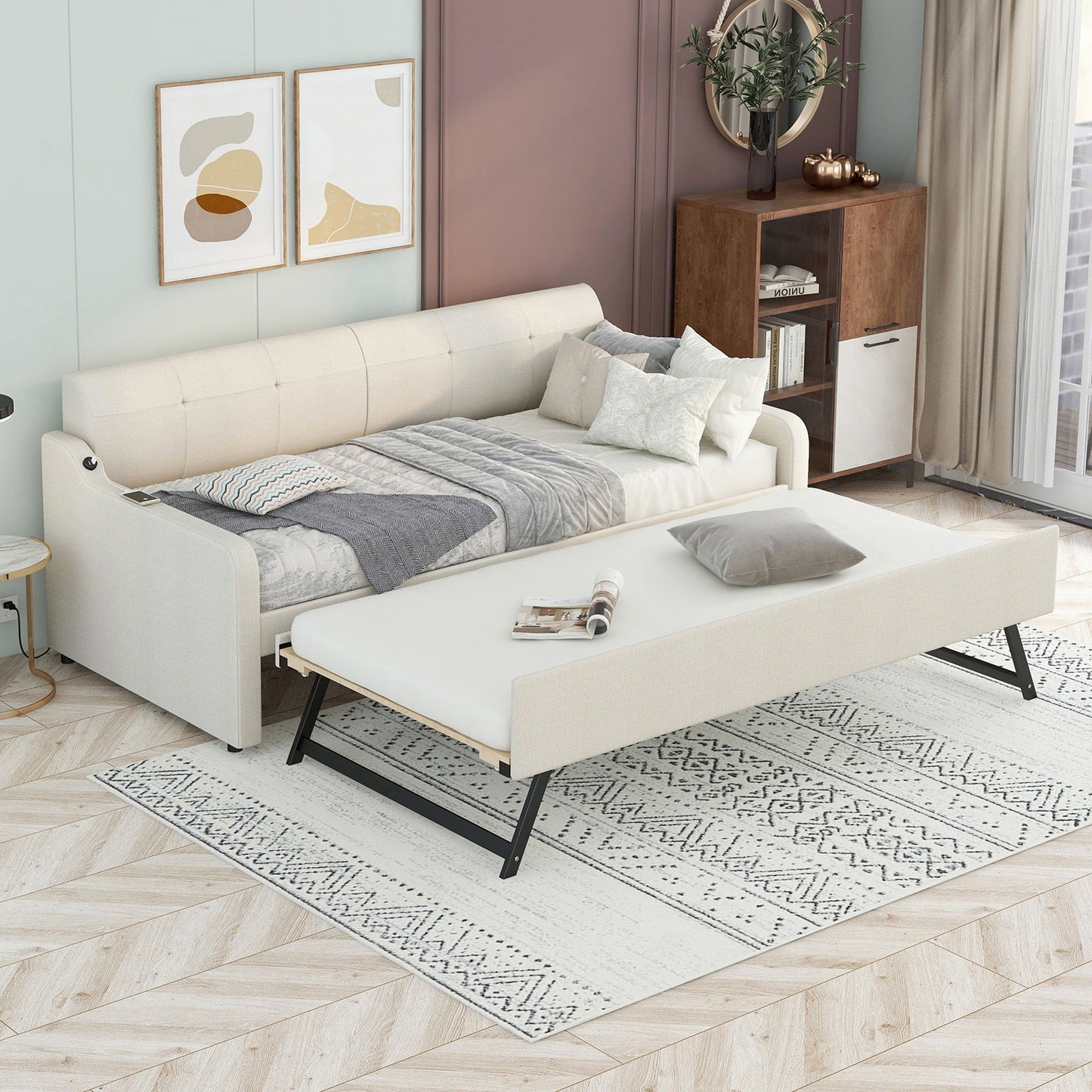 Upholstered Daybed With Trundle And USB Charging