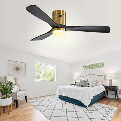 Ventilador de techo empotrado con 3 aspas de madera maciza, control remoto, motor de CC reversible para sala de estar - Dorado