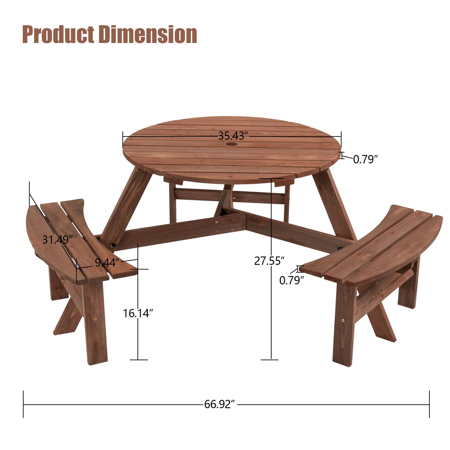 Mesa de picnic circular de madera para exteriores, para 6 personas, ideal para patio, jardín o terraza, con 3 bancos integrados, capacidad de 800 kg.