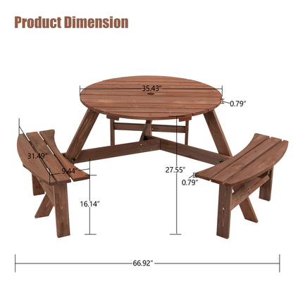 Mesa de picnic circular de madera para exteriores, para 6 personas, ideal para patio, jardín o terraza, con 3 bancos integrados, capacidad de 800 kg.