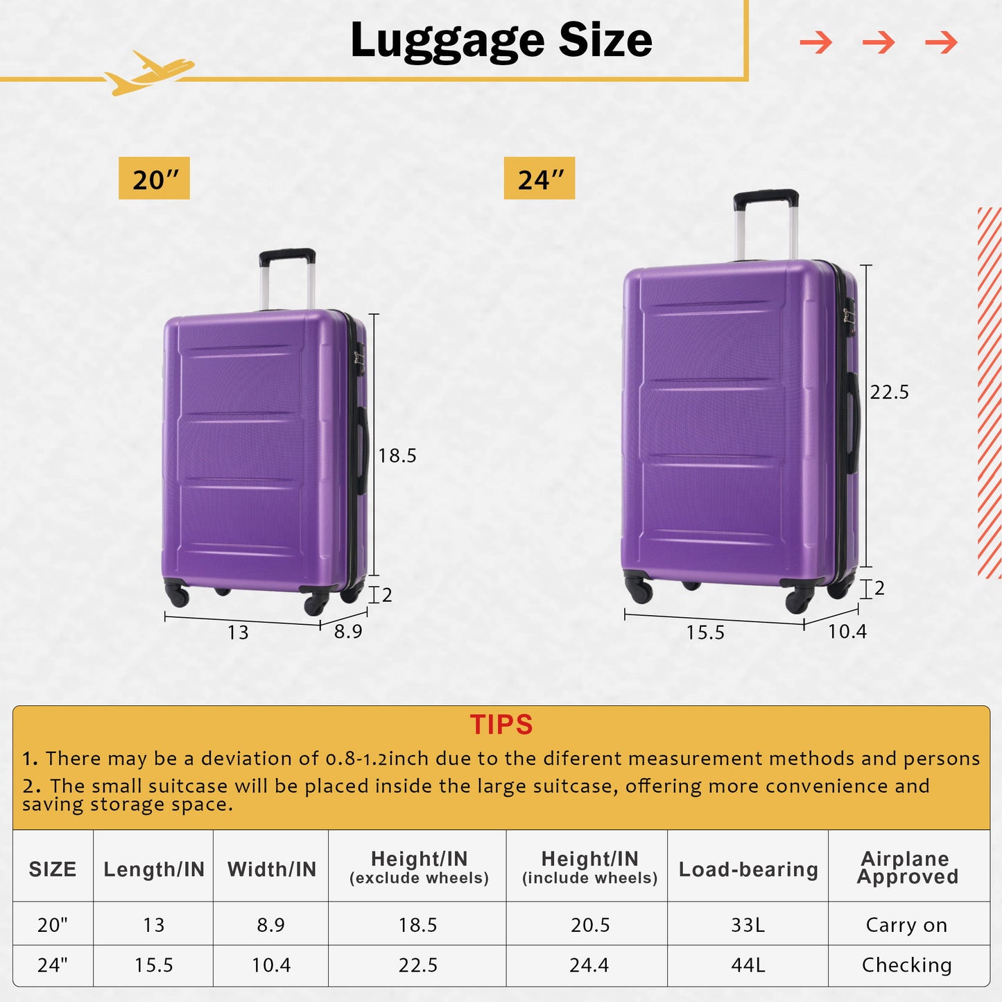 Juego de 2 maletas con ruedas giratorias extensibles, maleta ligera de ABS con cerradura TSA de 20"/24"