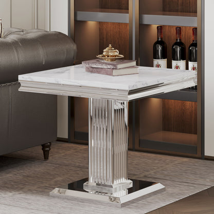 Marble Printed Top Rectangular End Table, Base With Mirrored Finish