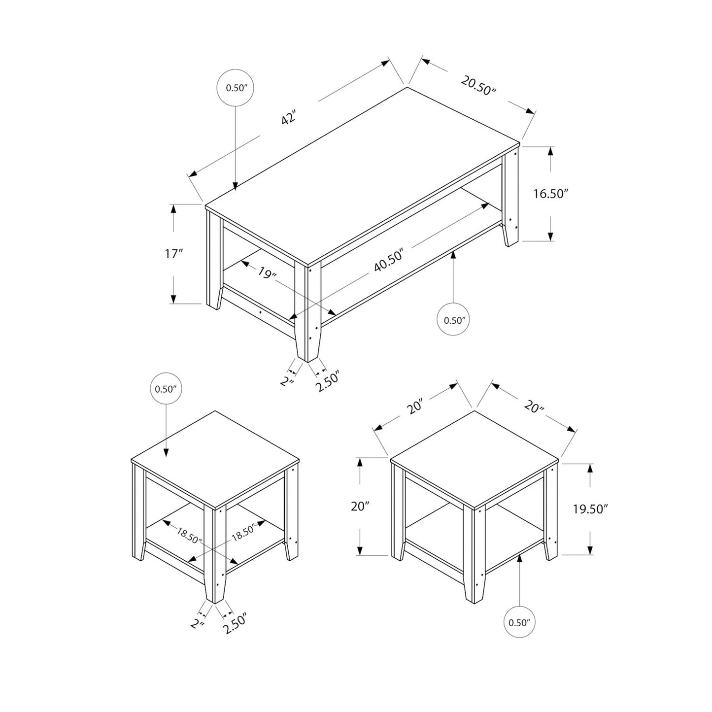 Juego de mesa de centro, auxiliar, lateral y decorativa para sala de estar de estilo transicional (juego de 3) - Negro