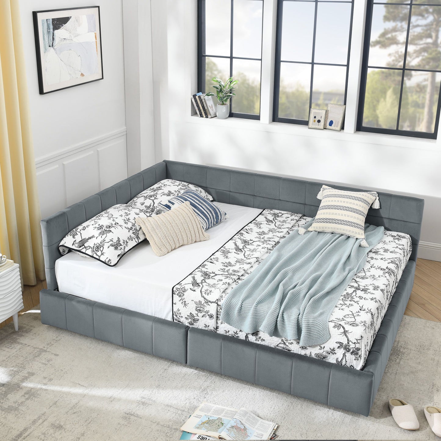 Mid-Century Storage Upholstered Tufted Bed Frame With Backrest And Armrests