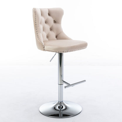 Taburetes giratorios de terciopelo con altura de asiento ajustable de 63 a 84 cm. Modernos taburetes de bar con base cromada y tapizados, cómodos y capitoné para el hogar, el pub y la isla de cocina (juego de 2).