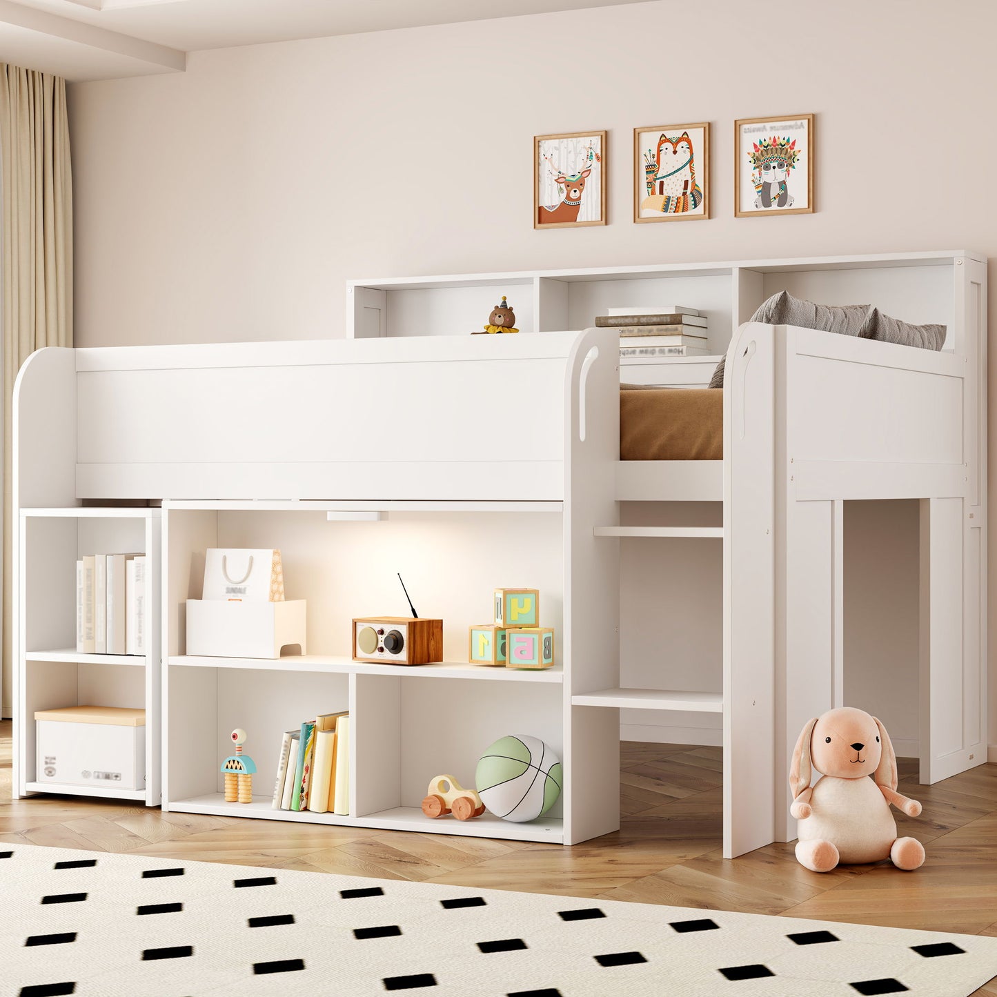 Loft Bed With Built-In Desk, LED Lighting, And Multiple Storage Shelves
