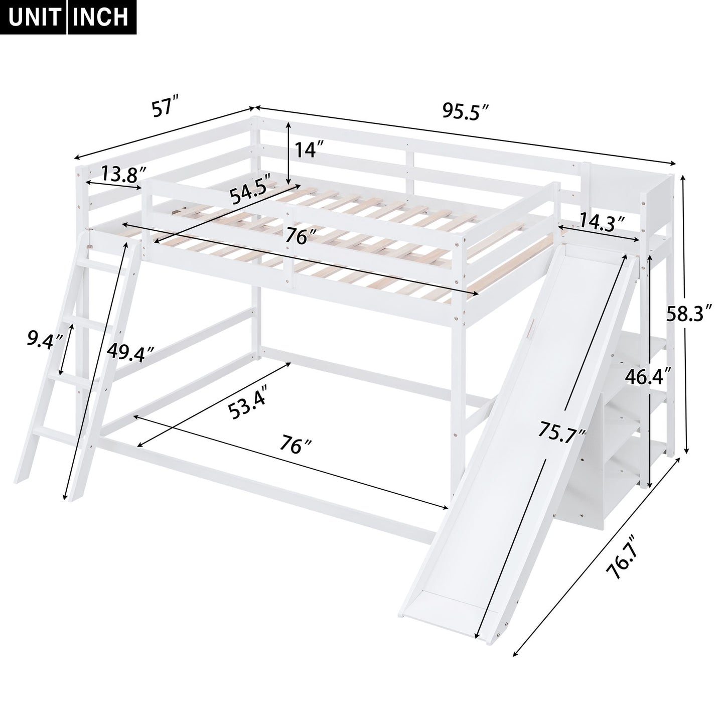 Bunk Bed With Ladder, Slide, And Shelves Pine Wood