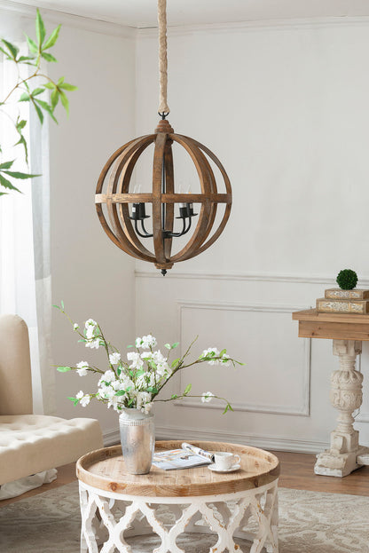 Lámpara de araña de madera de 4 luces, lámpara colgante con cadena ajustable para cocina, bombilla no incluida - Marrón