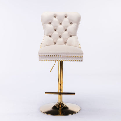 Taburetes de bar giratorios de terciopelo dorado grueso con altura de asiento ajustable de 63 a 84 cm. Taburetes de bar modernos tapizados con respaldo, cómodos y capitoné para el hogar, el pub y la isla de cocina (juego de 2).