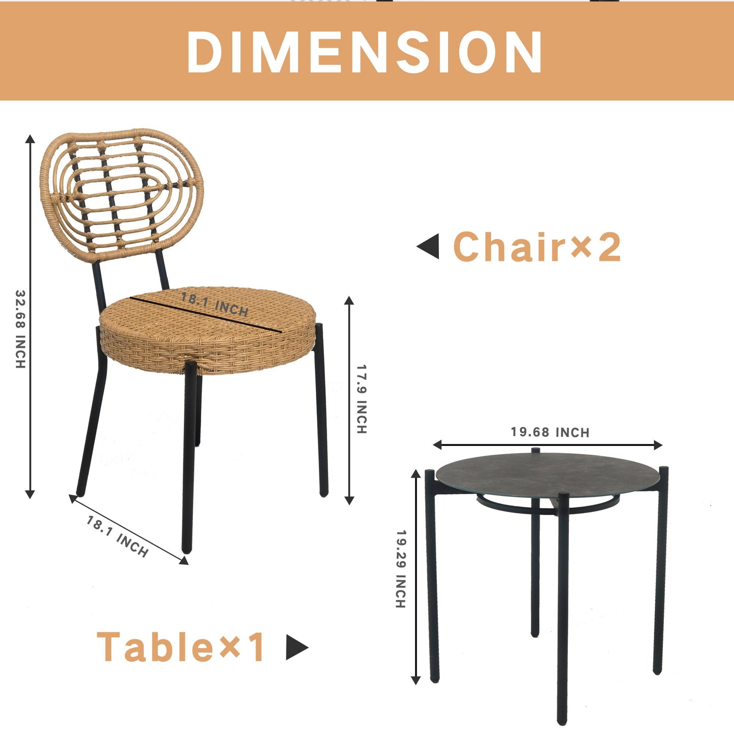 3 piezas de muebles de mimbre de lujo para exterior, estilo bistró, mesa y silla, tejido de mimbre de polietileno resistente a la intemperie, apto para jardín - Negro/Natural