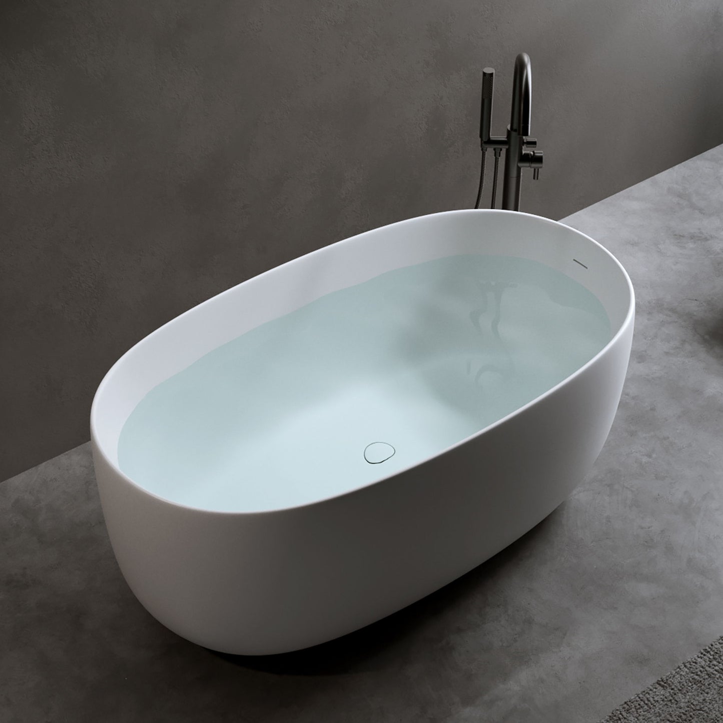 Bañera independiente de piedra de resina de superficie sólida. Diseño moderno con desagüe automático y rebosadero, ideal para hogares pequeños. Blanco mate.