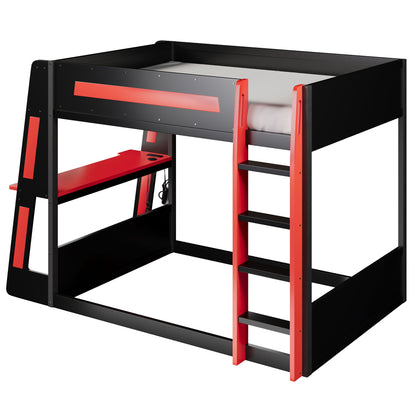 Gaming Bunk Bed With Desk, 2 Storage Shelves, USB And LED Light