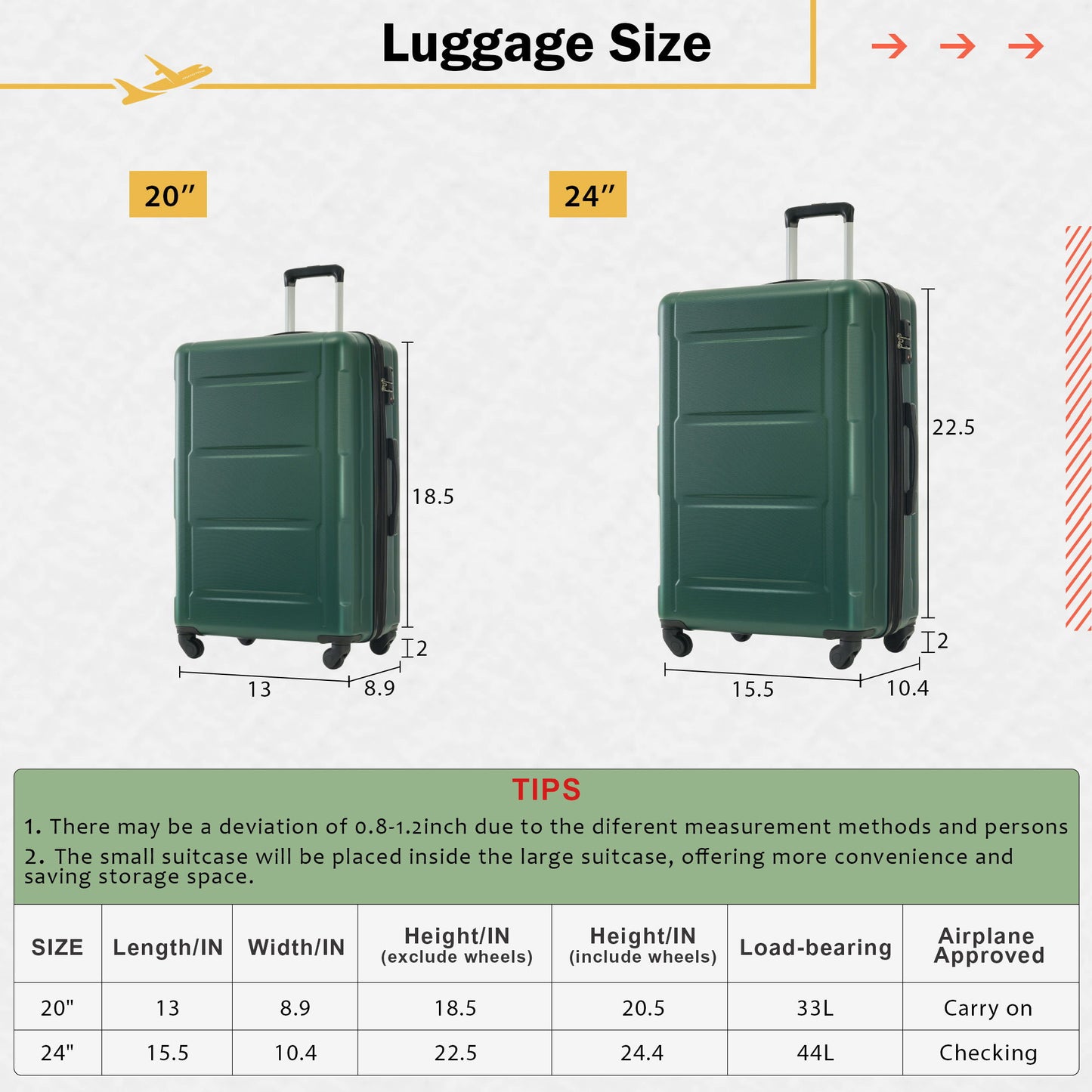 Juego de 2 maletas con ruedas giratorias extensibles, maleta ligera de ABS con cerradura TSA de 20"/24"