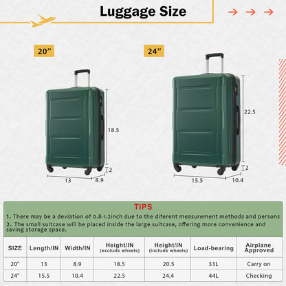 Juego de 2 maletas con ruedas giratorias extensibles, maleta ligera de ABS con cerradura TSA de 20"/24"