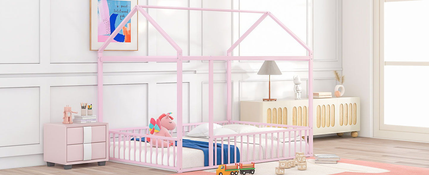Cama de metal con estructura de cama y valla