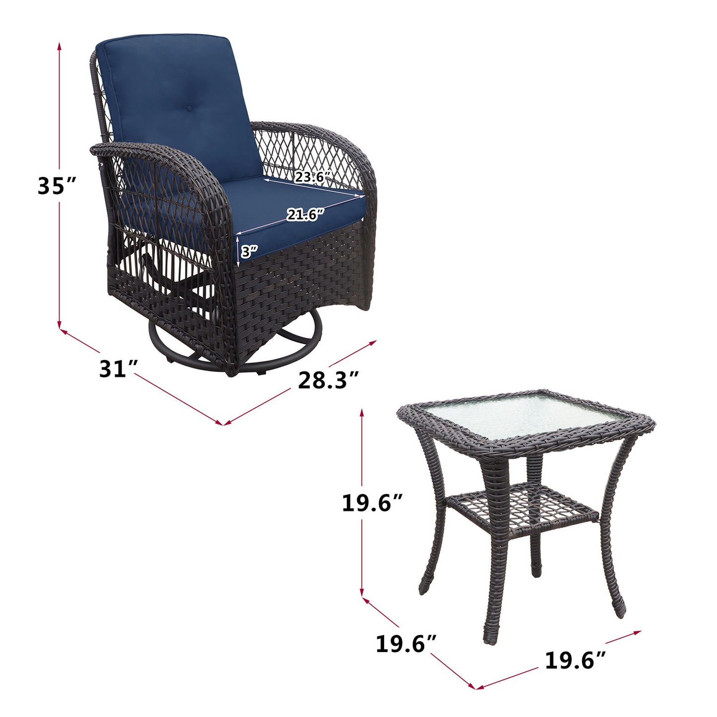 Juego de conversación de 3 piezas, mecedora giratoria de mimbre para exteriores, juego de bistró para patio, mecedora con mesa auxiliar con cubierta de vidrio