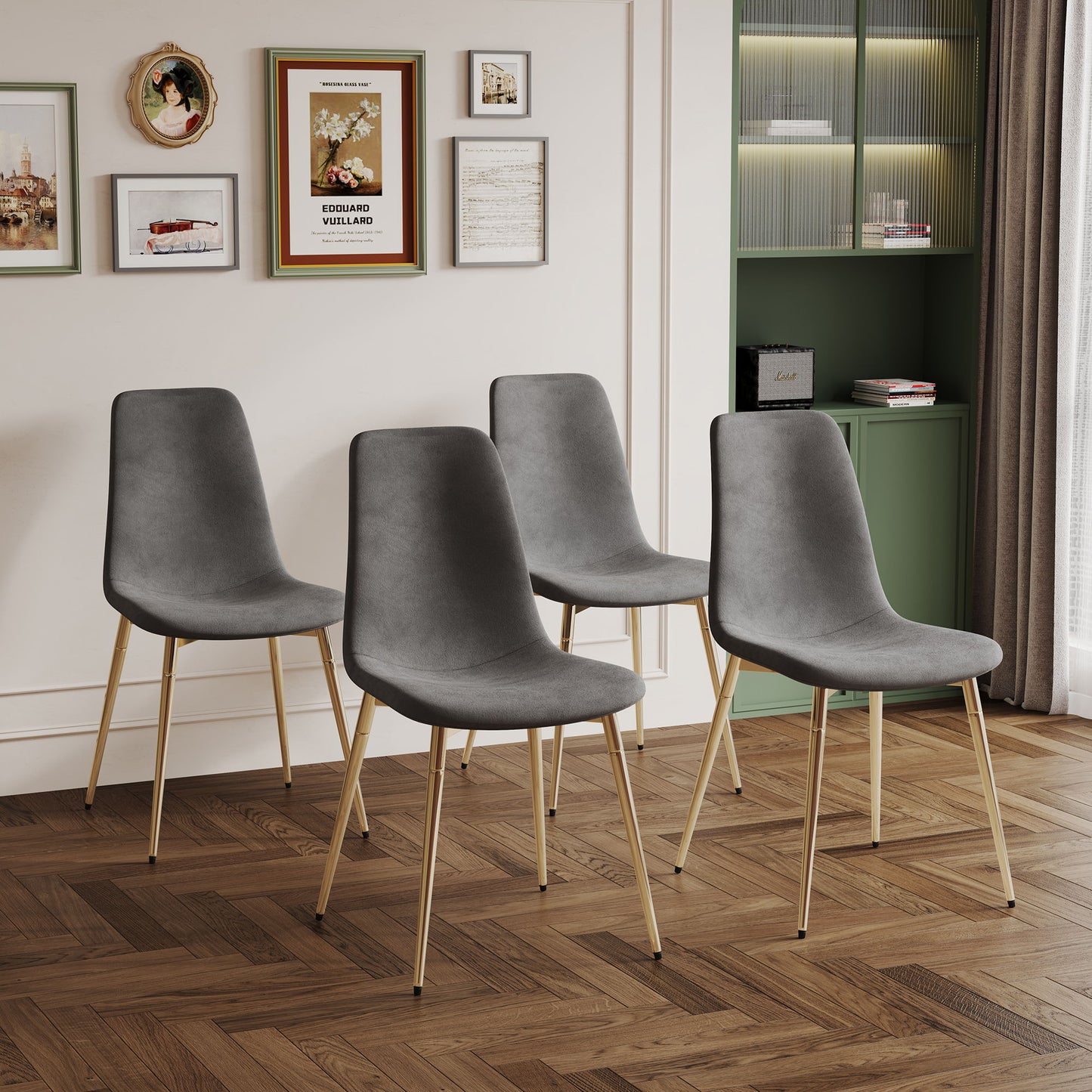 Fabric Dining Chairs, Upholstered Armless Accent Chairs, Classical Appearance And Metal Legs (Set of 4)