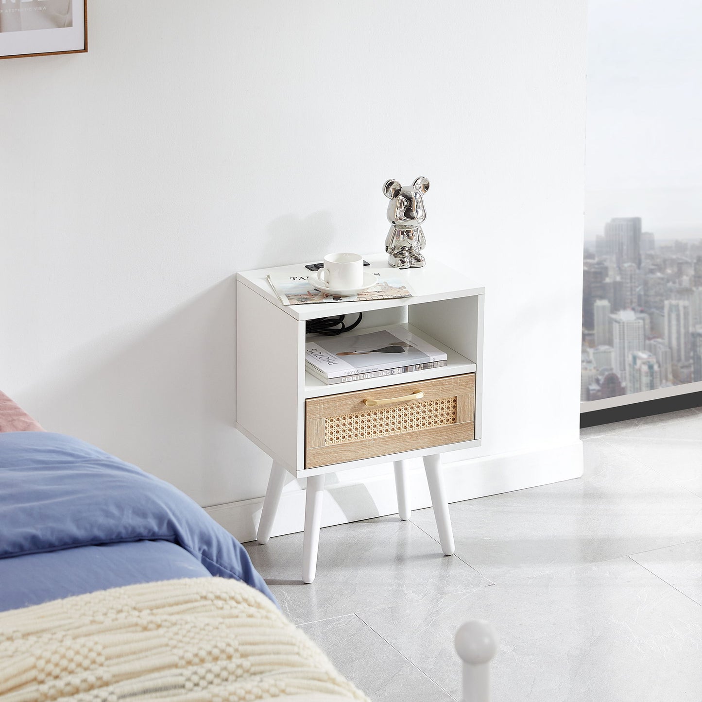 Mesa auxiliar de ratán de 40 cm con toma de corriente y puertos USB, mesita de noche moderna con cajón y patas de madera maciza, mesa auxiliar para sala de estar y dormitorio.