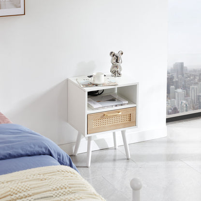 Mesa auxiliar de ratán de 40 cm con toma de corriente y puertos USB, mesita de noche moderna con cajón y patas de madera maciza, mesa auxiliar para sala de estar y dormitorio.