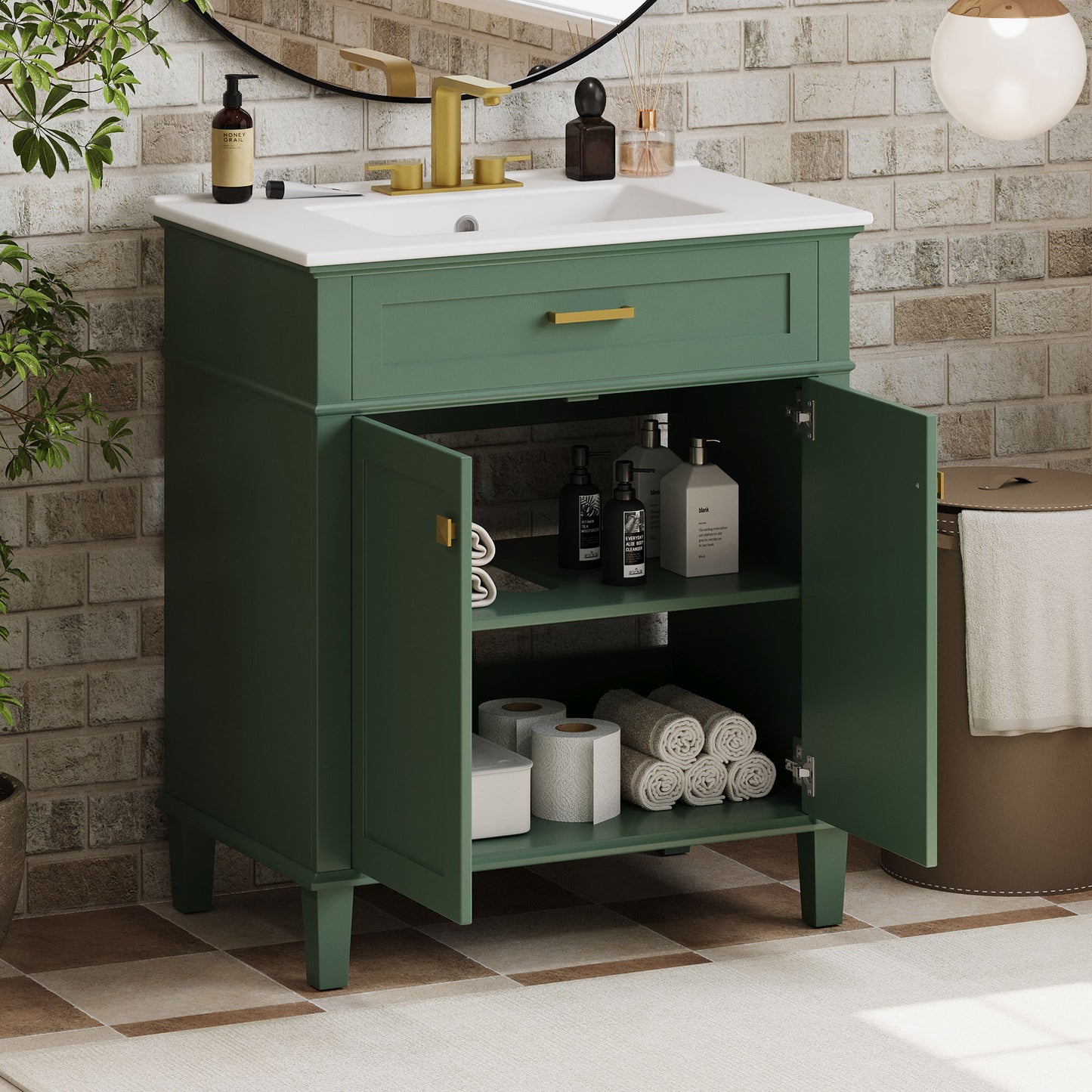 Mueble de baño con lavabo de cerámica, puerta de cierre suave y estantes ajustables