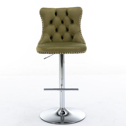 Taburetes giratorios de terciopelo con altura de asiento ajustable de 63 a 84 cm. Modernos taburetes de bar con base cromada y tapizados, cómodos y capitoné para el hogar, el pub y la isla de cocina (juego de 2).