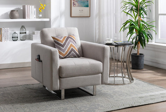 Victoria - Sillón de lino con patas de metal, bolsillos laterales y almohada