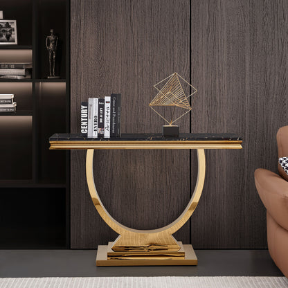 Modern Rectangular Marble Printing Console Table, U Shape Stainless Steel Base - Black