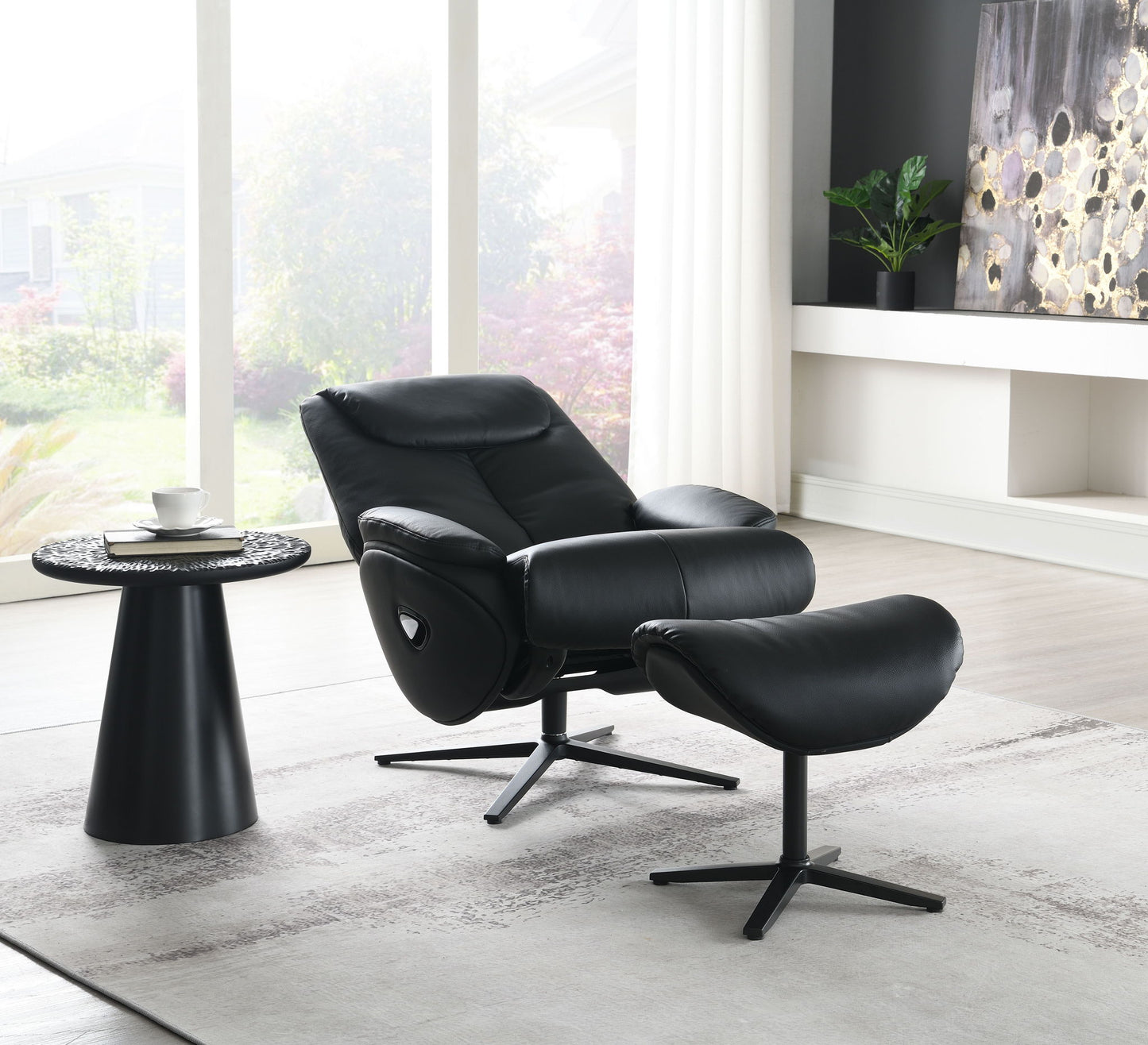 Labotina - Silla decorativa de cuero de grano superior con asiento giratorio y otomana - Negro