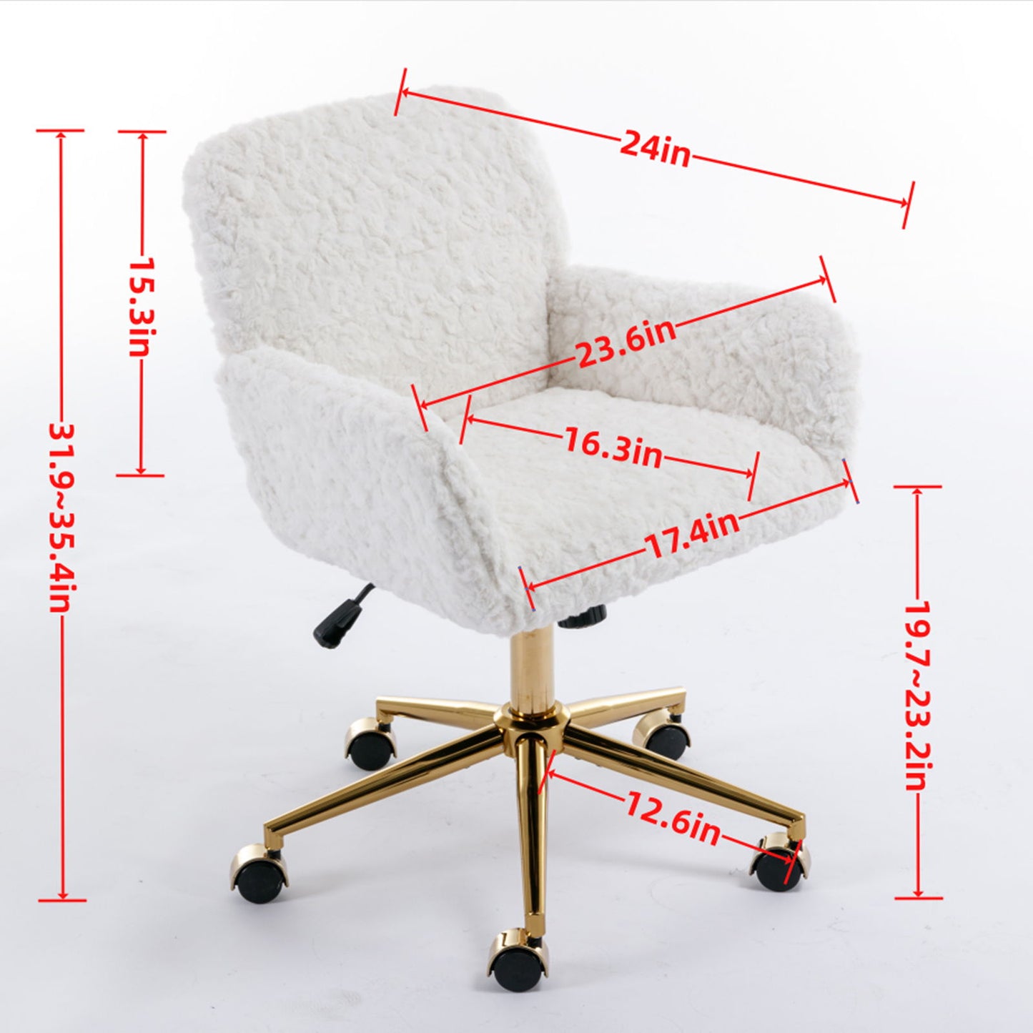 Silla de oficina con pelo artificial de conejo y base de metal dorado, ajustable, giratoria y de tocador.