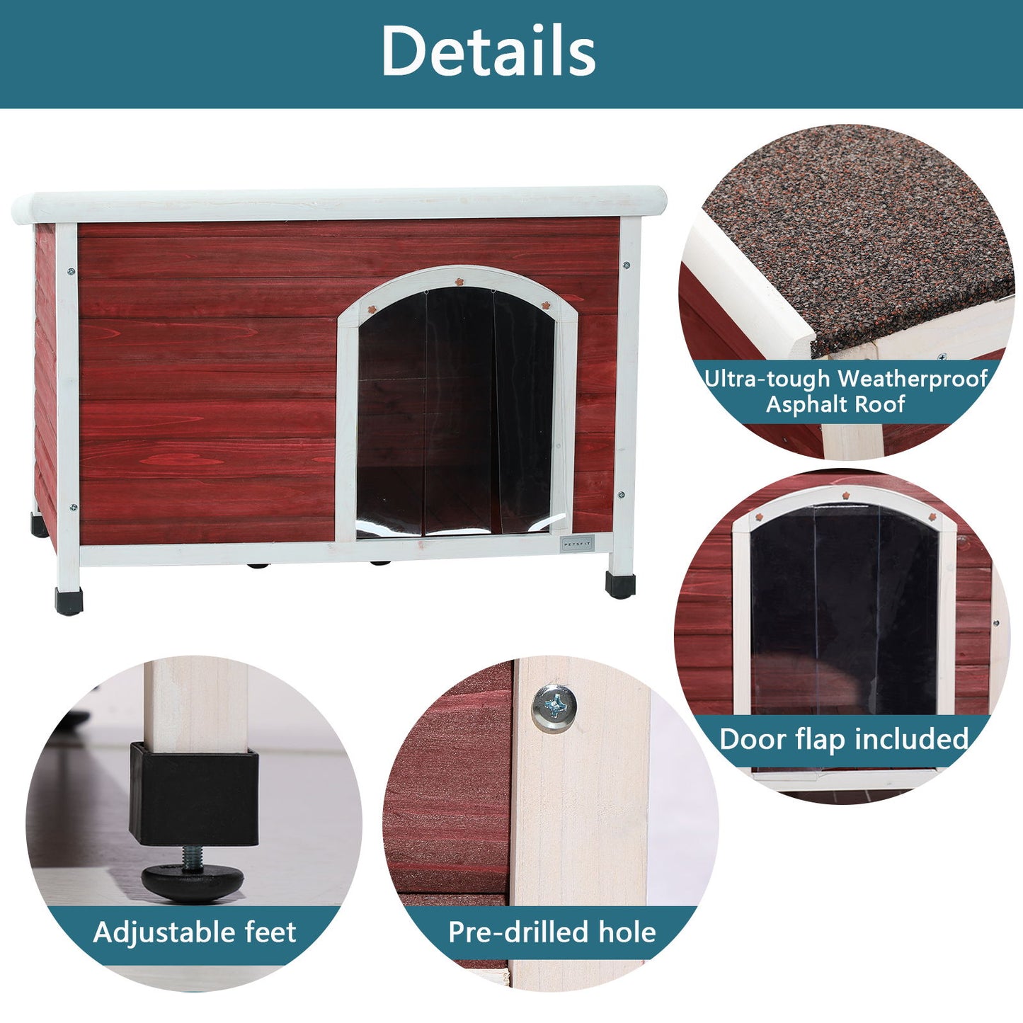Caseta para perro de madera mediana para exterior, techo impermeable, suelo elevado y patas de plástico ajustables.