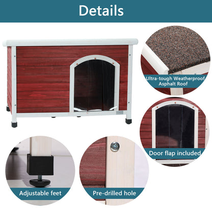 Caseta para perro de madera mediana para exterior, techo impermeable, suelo elevado y patas de plástico ajustables.