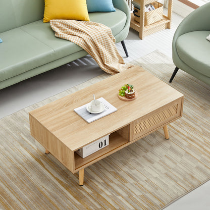 Mesa de centro de ratán de 105 cm, puerta corrediza para almacenaje, patas de madera maciza, mesa moderna para sala de estar.
