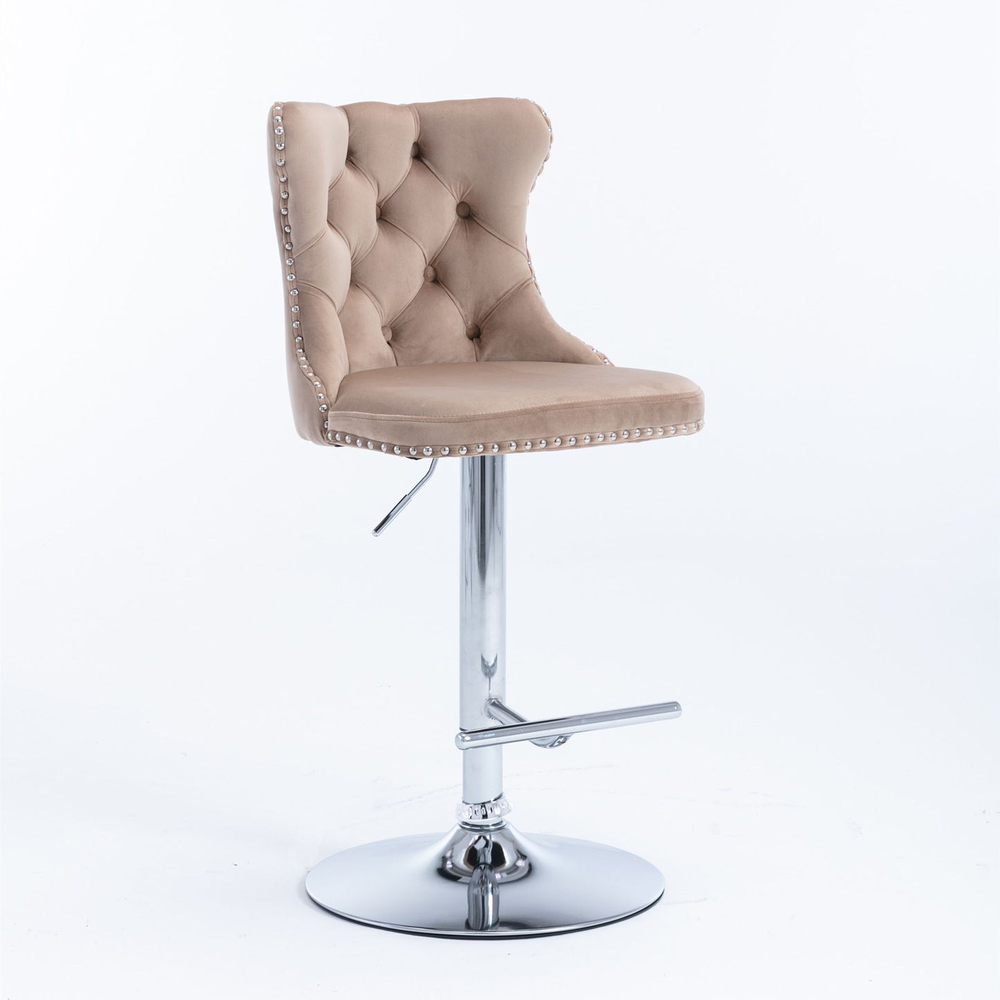Taburetes giratorios de terciopelo con altura de asiento ajustable de 63 a 84 cm. Modernos taburetes de bar con base cromada y tapizados, cómodos y capitoné para el hogar, el pub y la isla de cocina (juego de 2).