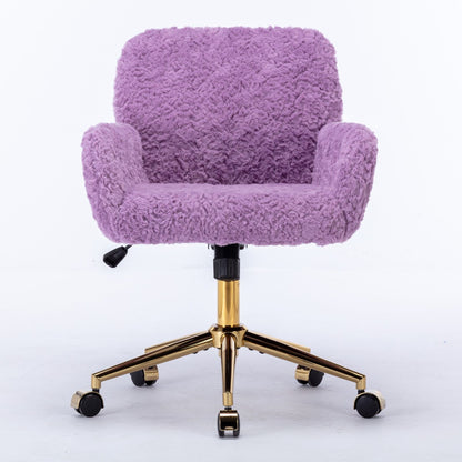 Silla de oficina con pelo artificial de conejo y base de metal dorado, ajustable, giratoria y de tocador.