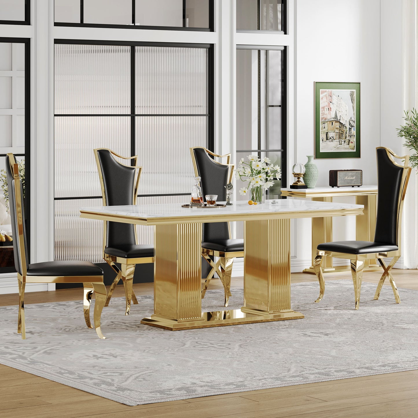 Marble Printed Top Rectangular Dining Table, Stainless Steel Base With Mirrored Finish