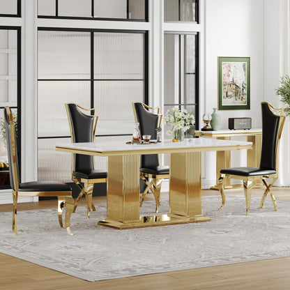 Marble Printed Top Rectangular Dining Table, Stainless Steel Base With Mirrored Finish