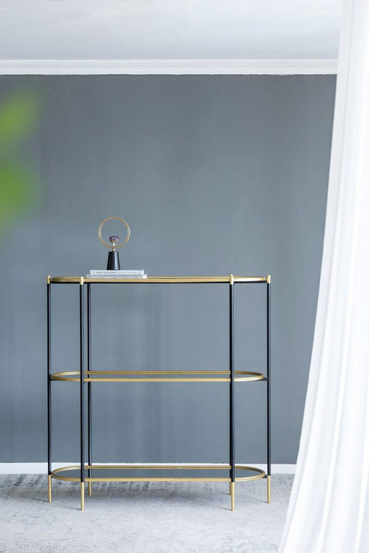 Consola de metal de 3 niveles con estante de espejo - Negro dorado