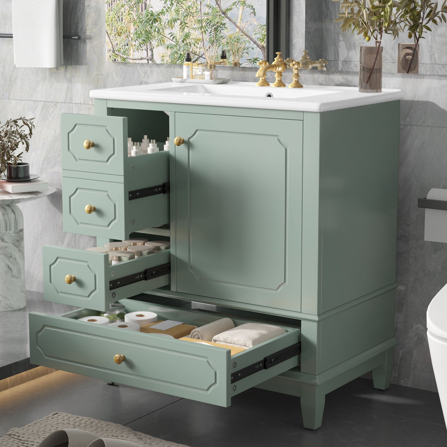 Bathroom Vanity With Sink, Freestanding Vanity Cabinet With Ceramic Basin, Soft Close Door, 3 Drawers