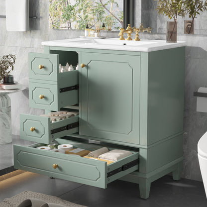 Bathroom Vanity With Sink, Freestanding Vanity Cabinet With Ceramic Basin, Soft Close Door, 3 Drawers