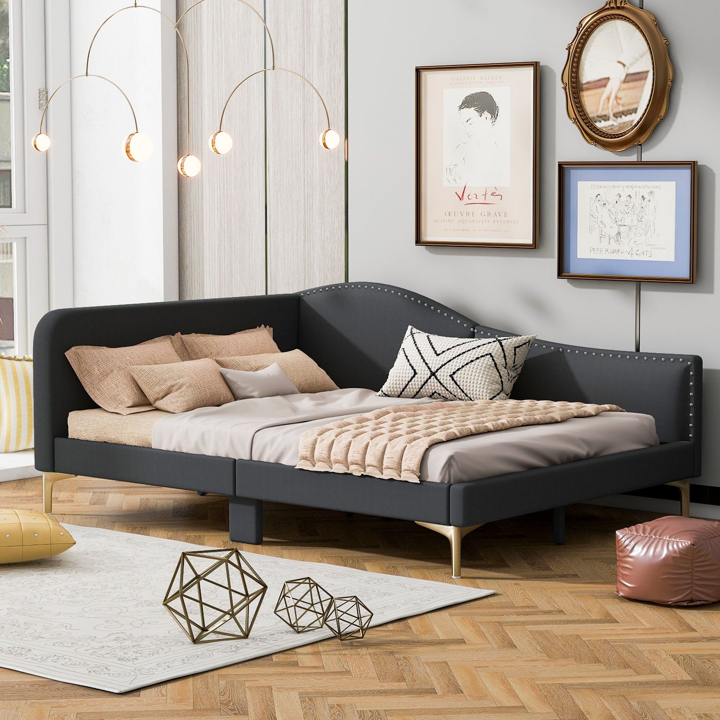 Upholstered Daybed With Headboard And Armrest, Support Legs