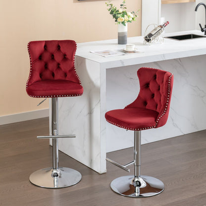 Taburetes giratorios de terciopelo con altura de asiento ajustable de 63 a 84 cm. Modernos taburetes de bar con base cromada y tapizados, cómodos y capitoné para el hogar, el pub y la isla de cocina (juego de 2).