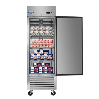 Congelador comercial de 23 pies cúbicos con una puerta sólida, de acero inoxidable, con certificación ETL, para almacenamiento vertical, plateado