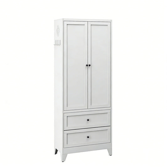 Pantry Cabinet With 2 Drawers, Adjustable Shelves, Freestanding Kitchen Storage Organizer - White